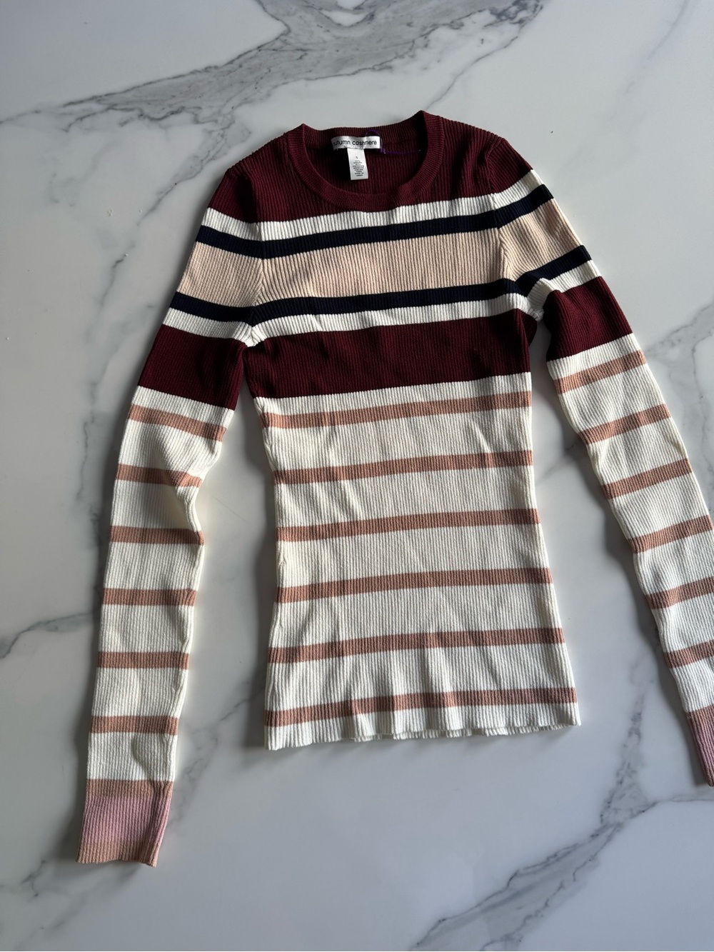 Autumn Cashmere Burgundy, Cream & Taupe Striped Crewneck Sweater